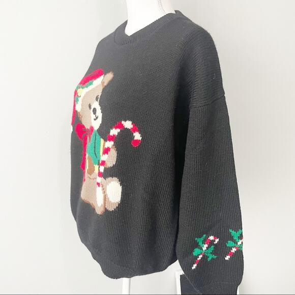 Charter Club vintage black wool Christmas holiday bear sweater size large - Picture 4 of 6